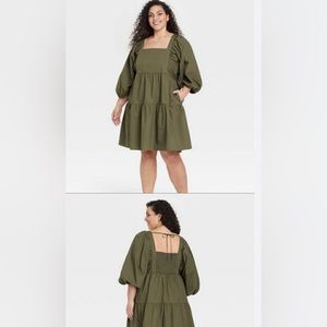 A New Day olive green dress with puffy sleeves